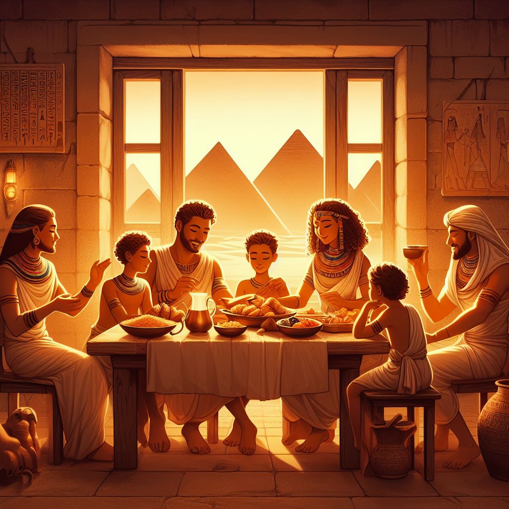 A warmly lit illustration of a close-knit ancient Egyptian family