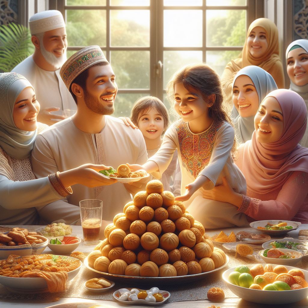 A photorealistic image of a warm and joyful Islamic Egyptian family gathering indoors celebrating Eid al Fitr